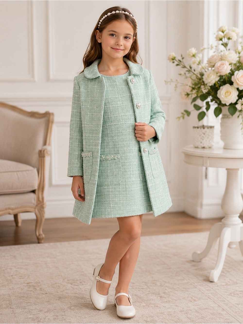 Rachel Zoe Girls Mint Tweed Coat & Dress Set Size 8 Pearl Trim Easter Wedding